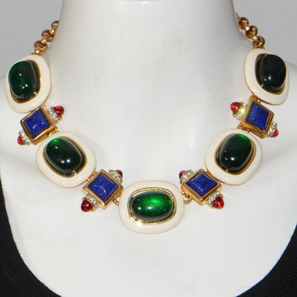 Kenneth Jay Lane KJL Crystal & Enamel Art Deco Resin Cabochon Necklace